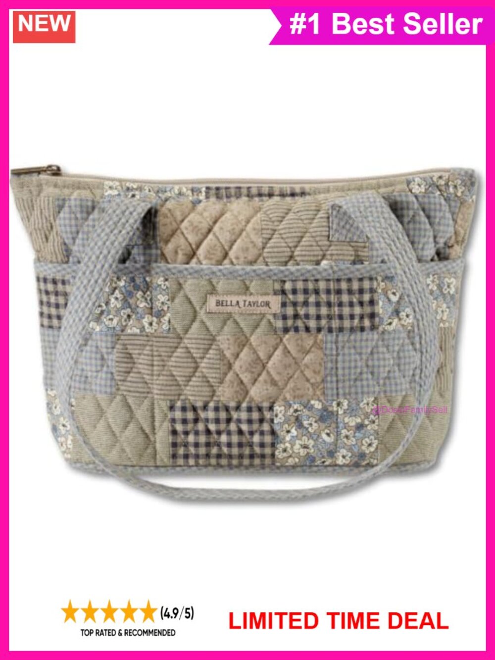 Quilted Cotton Patchwork Small Tote Shoulder Bag 10-Pocket Washable